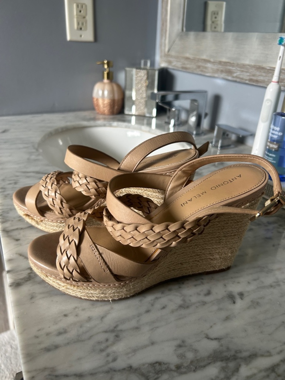 ANTONIO MELANI Beige Braided Espadrille Wedge Sandals